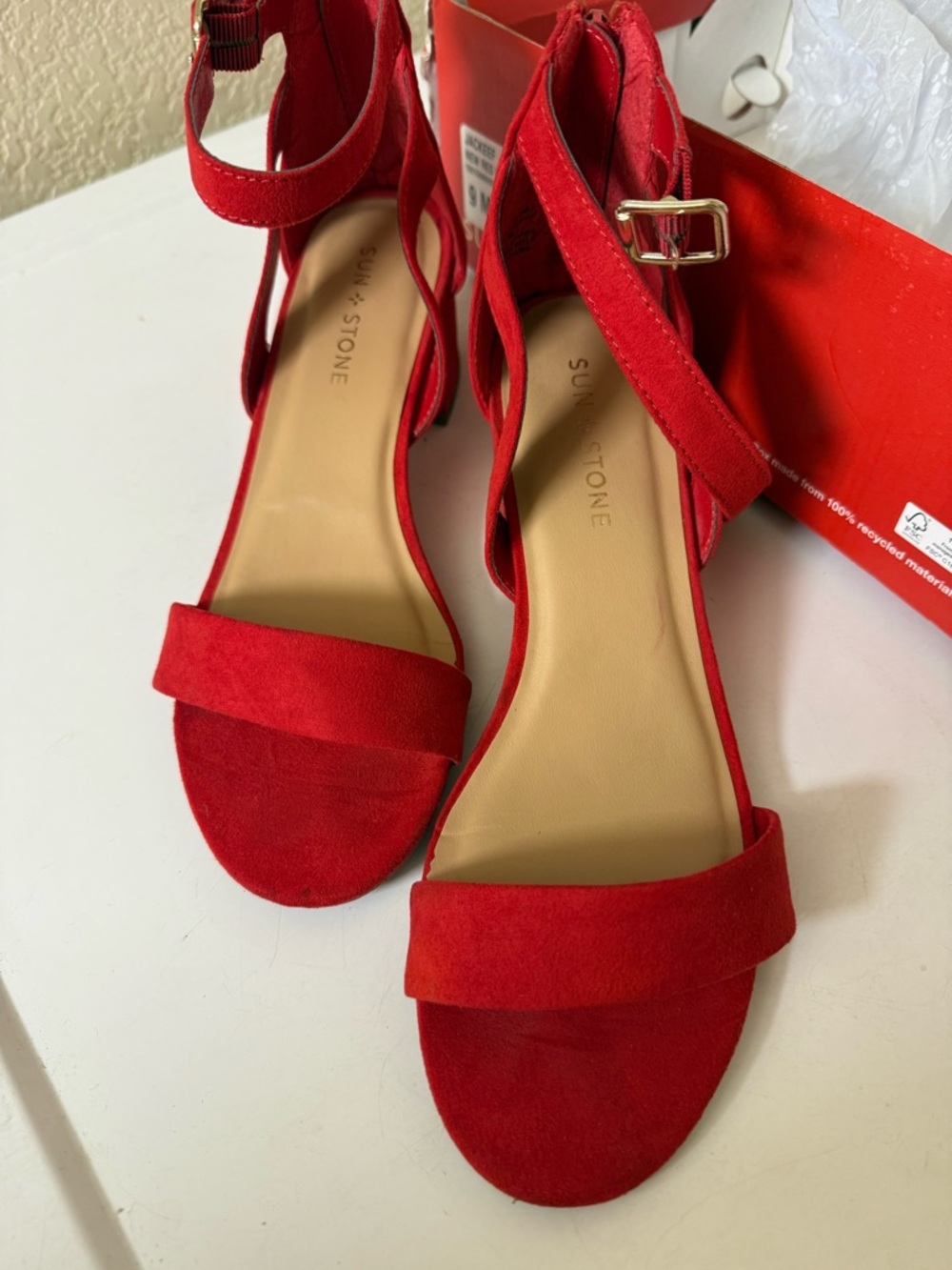 Sun + Stone Red Suede Block Heel Sandals - Picture 2 of 9